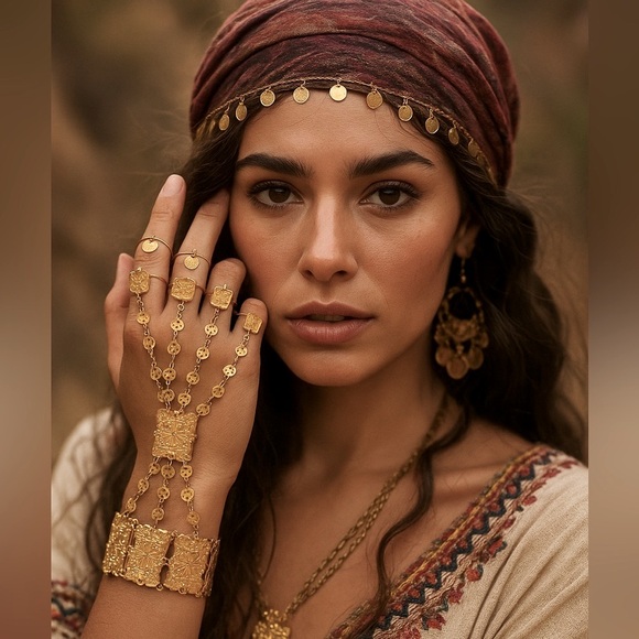 Vintage Gold Plated Sterling Silver Belly Dance Bracelet Rings Jewelry Cuff - Picture 2 of 12